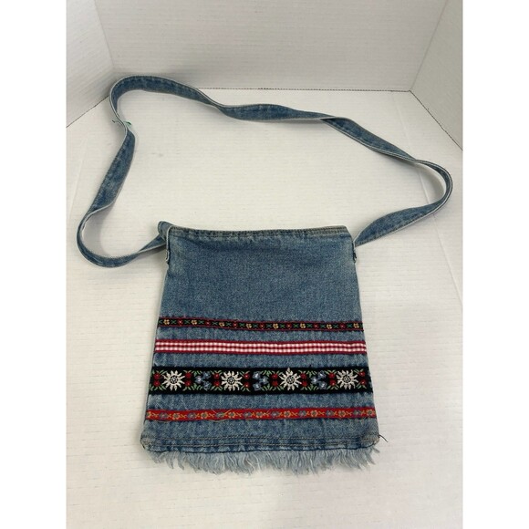 Vintage Denim Zippered Purse Crossbody Ribbon Embellished Fringed 90s Retro - Picture 1 of 6